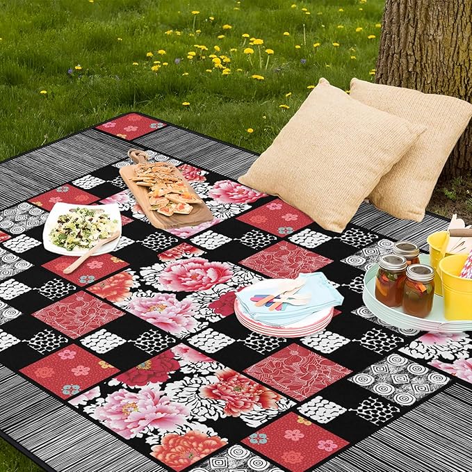 Floral Peony Flower Picnic Blanket Waterproof Foldable Extra Large Picnic Mat Beach Blanket 60"x80" for Camping Beach Hiking Patio Party Outdoor Decor Gifts