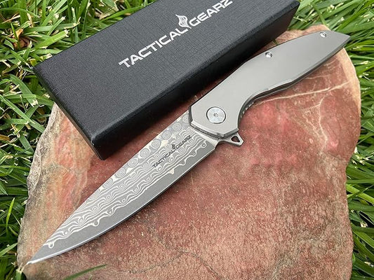 TACTICAL GEARZ Damascus Pocket Folding Knife for EDC! Titanium Handle! 67 Multi-Layered Damascus Steel Blade w/VG10 Core! (Volan XT)