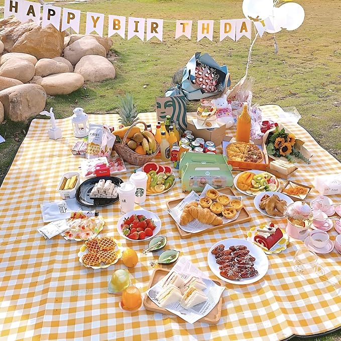 Large Picnic Blankets Waterproof Foldable Yellow Gingham Mat Tote bag for Outdoor Park Beach Camping Travel (80x80 inch)