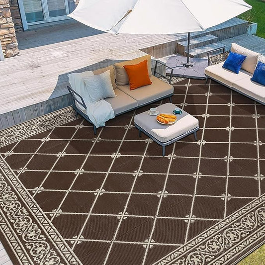 HiiARug Outdoor Rugs 9x12 for Patios Clearance Brown Camping Rug for RV Outside, Reversible Waterproof Plastic Straw Rug Large Outdoor Rug for Porch Beach Picnic Camper