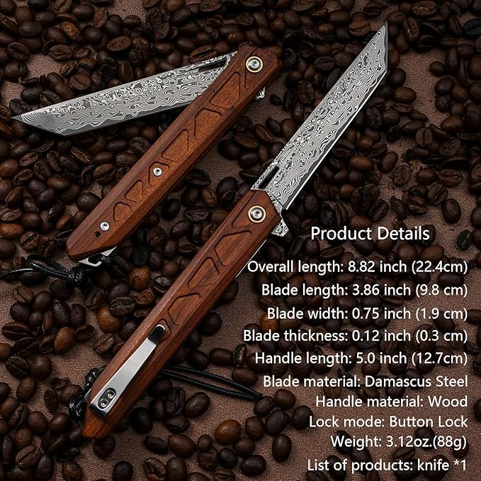 Handmade Forged VG10 Damascus Steel Blade, EDC Folding Knife Rosewood Handle, Pocket Clip.