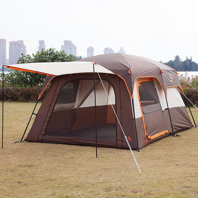 KTT Extra Large Tent 10-12-14 Person(Style-B),Family Cabin Tents,2 Rooms,3 Doors and 3 Windows with Mesh,Straight Wall,Waterproof,Double Layer,Big Tent for Outdoor,Picnic,Camping,Family Gathering