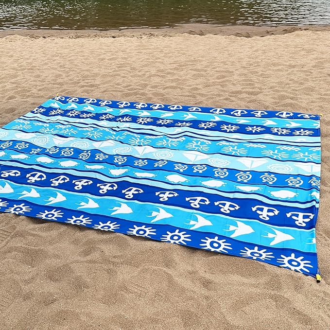 Large Beach Blanket Waterproof Sandproof 79"x 83" for 1-4 Adults,Quick Drying Beach Mat,Lightweight & Durable,Beach Essentials for Family Beach Camping Travel Picnic (Blue Stripe)