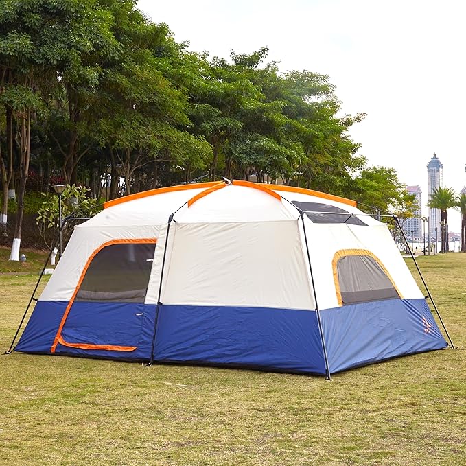 KTT Extra Large Tent 10-12-14 Person(B),Family Cabin Tents,2 Rooms,3 Doors and 3 Windows with Mesh,Straight Wall,Waterproof,Double Layer,Big Tent for Outdoor,Picnic,Camping,Family Gathering