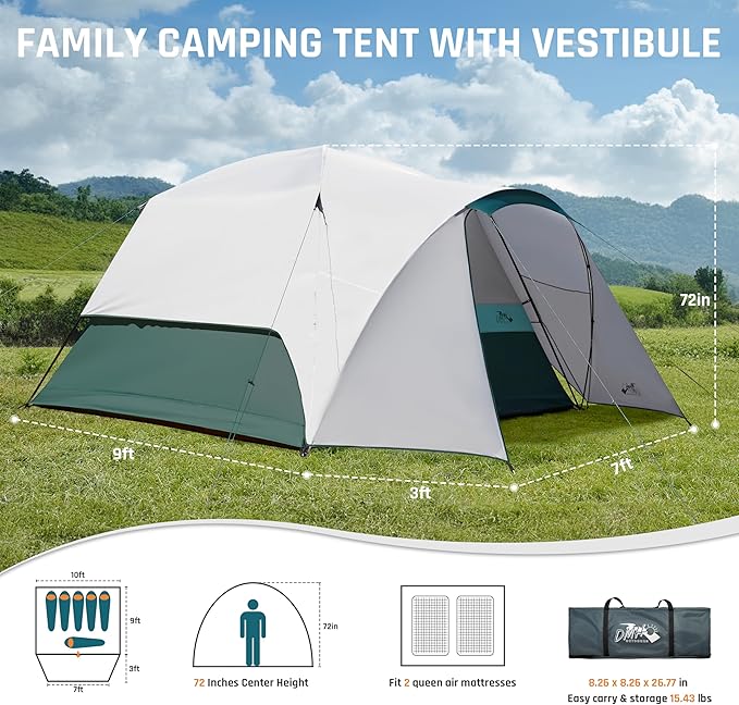 Tents for Camping 6/8/10/11 Person Large Camping Tent with Porch Big Tent with Rainfly & Reflective Windproof Rope Portable with Carry Bag for Family Camping & Hiking