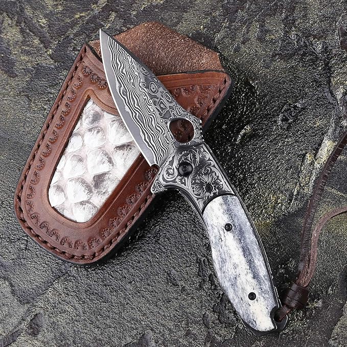 handmade damascus steel pocket knife with leather sheath,liner lock bone handle,japanese vg10 core 2.8in blade,folding knives for camping and fishing,edc for men and women