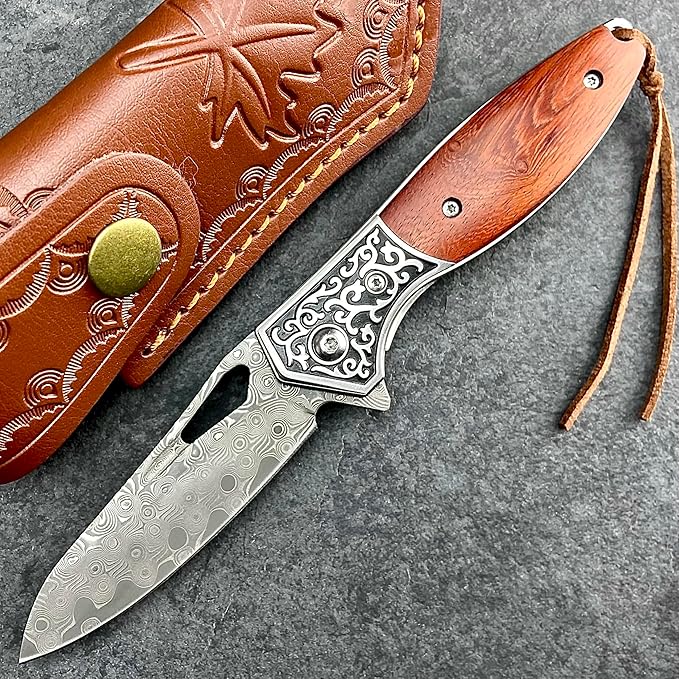 TACTICAL GEARZ Pocket Folding Knife w/Damascus Blade! Rosewood/Steel Handle, Includes Custom Stitched Leather Sheath! (Keno)
