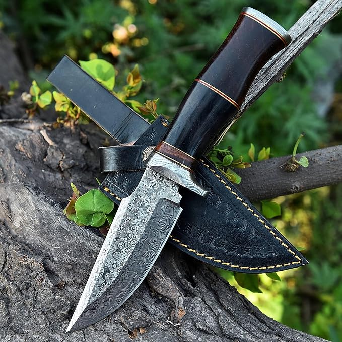 Handmade Damascus Steel Hunting Knife Fixed Blade for Camping, Survival, and Hunting - Premium Outdoor Gear Razor Sharp Edge with Camel Bone and Rose Wood Handle