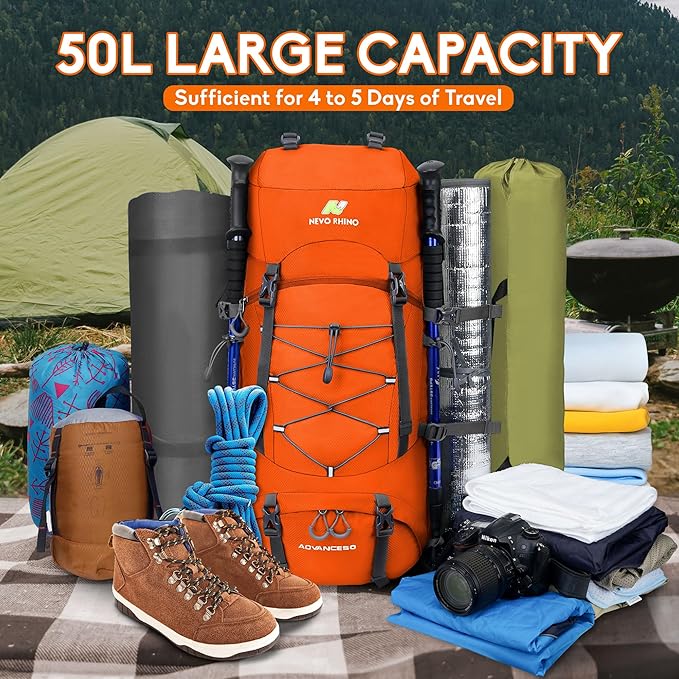 N NEVO RHINO Waterproof Hiking Backpack 50L/60L, Camping Backpack with Rain Cover, Hiking Travel Mountaineering Backpack