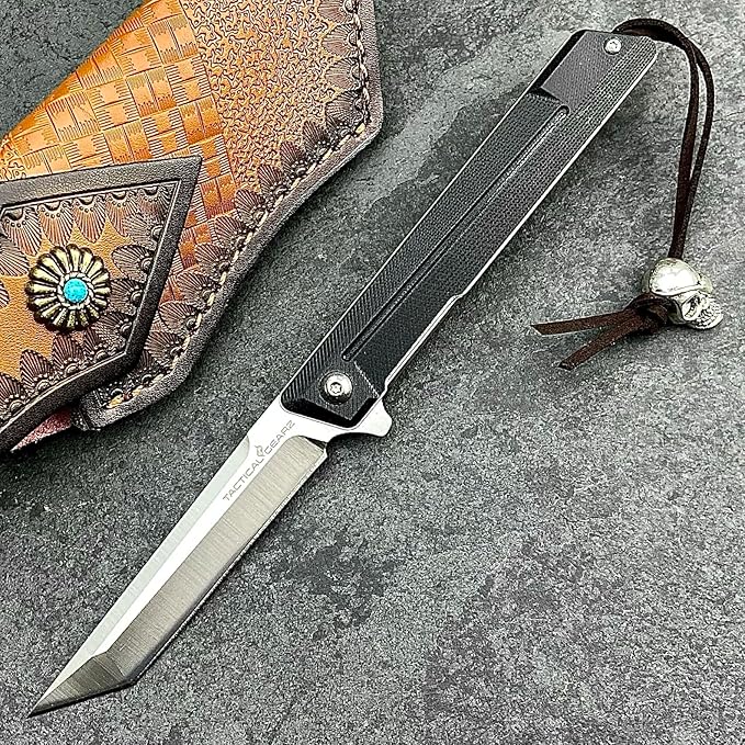 TACTICAL GEARZ EDC Pocket Folding Knife with G10 Handle - Tanto D2 Steel Blade, Nyx ST (Black Beast Bundle)