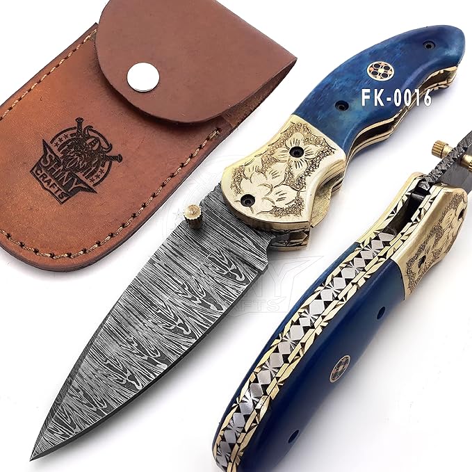 SHINY CRAFTS - Damascus Pocket Knife Knives For Men Military Knife Survival Knife- Folding Knives - Everyday Carry - PlainEdge - Leather Sheath (FK 16)