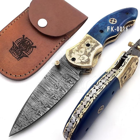 SHINY CRAFTS - Damascus Pocket Knife Knives For Men Military Knife Survival Knife- Folding Knives - Everyday Carry - PlainEdge - Leather Sheath (FK 16)
