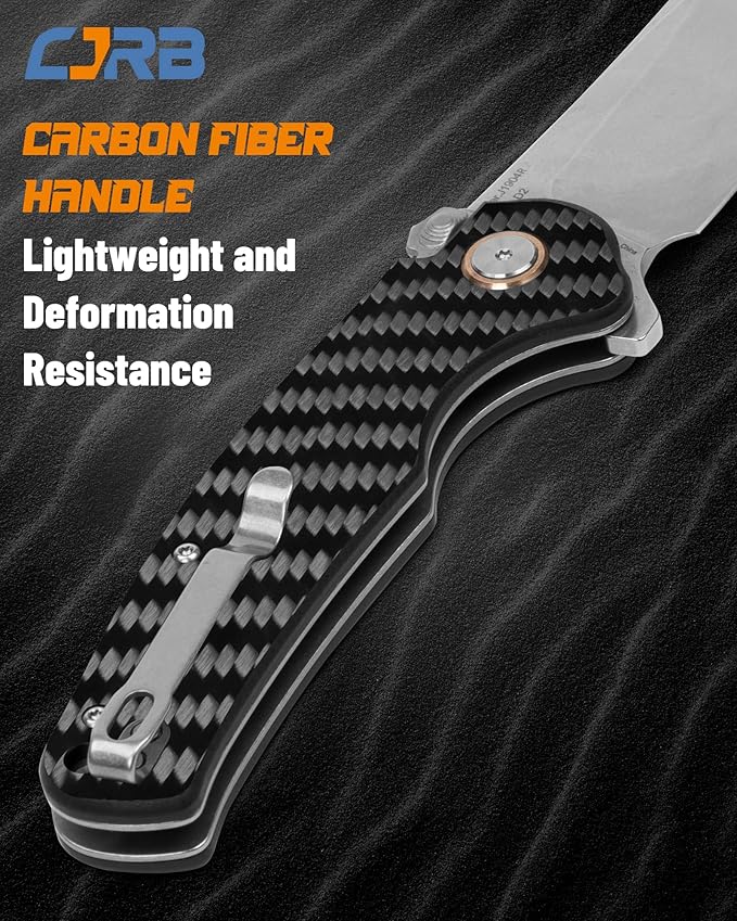 CJRB Crag Tactical Knife,Cleaver Pocket Folding Knife with Stonewash AR-RPM9 Steel Blade and Carbon Fiber Handle for Men Outdoor, Survival, Camping and EDC Black (J1904R)