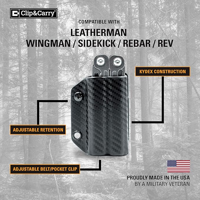 Clip & Carry Kydex Multitool Sheath for Leatherman Wingman/Sidekick/REBAR/REV - Made in USA (Multi-Tool not Included) EDC Multi Tool Sheath Holder Holster Cover