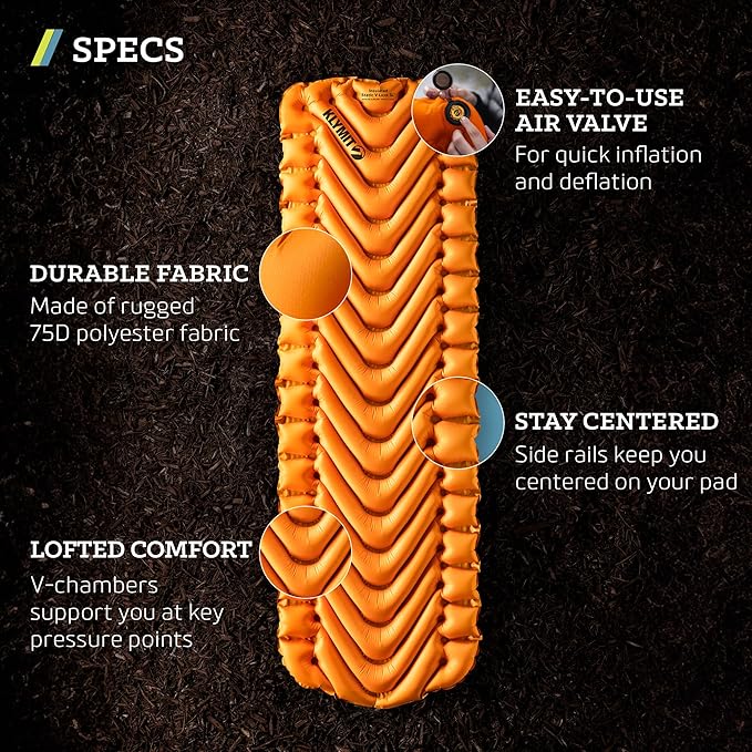 KLYMIT Insulated Static V Lite Inflatable Sleeping Pad | Comfortable, Lightweight, Easy to Inflate, Portable Air Bed for Hiking, Backpacking & Camping — Orange