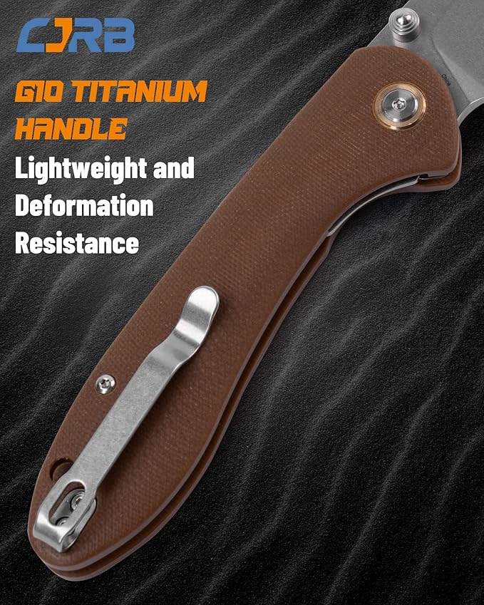 CJRB Folding Knife Feldspar(J1912) Stonewash D2 Steel Balde G10 Tactical Handle Pocket Folding Knife EDC,Brown Handle