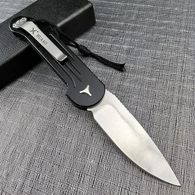 7.95 Inch Tactical Folding Knife, 8Cr13MoV Stonewashed Blade Black Aviation Aluminum Handle, Push Button Opening Outdoor Knife, SpeedSafe Assisted Survival Knife With Pocket Clip
