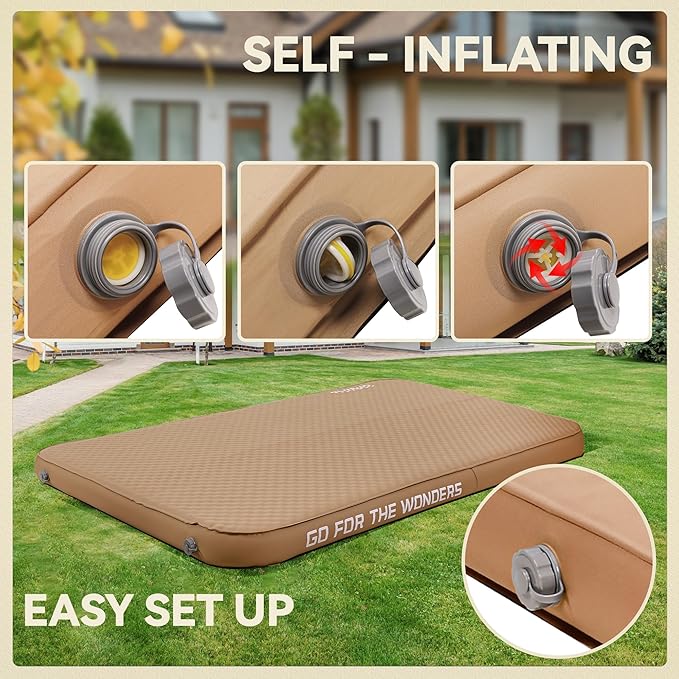 UPWELL Self Inflating Sleeping Pad 4.5" Thickness Camping Mattress with Solid Foam Double Sleeping Mat Portable Fast Inflation for Outdoor Mat Portable Roll Up Bed Brown
