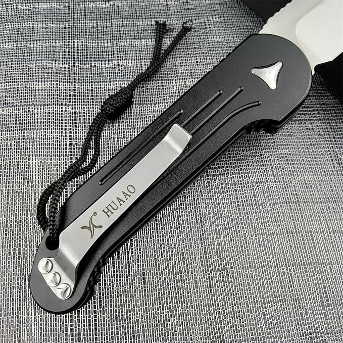 7.95 Inch Tactical Folding Knife, 8Cr13MoV Stonewashed Blade Black Aviation Aluminum Handle, Push Button Opening Outdoor Knife, SpeedSafe Assisted Survival Knife With Pocket Clip