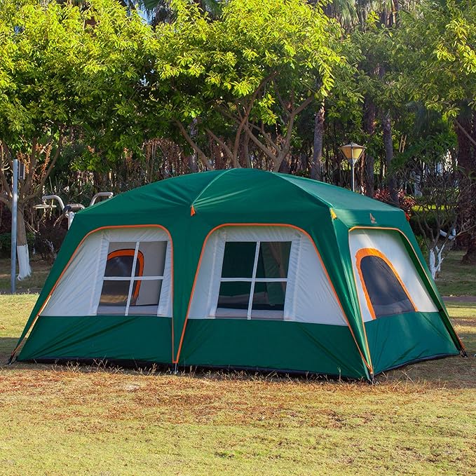 KTT Extra Large Tent 10-12-14 Person(A),Family Cabin Tents,2 Rooms,3 Doors and 3 Windows with Mesh,Straight Wall,Waterproof,Double Layer,Big Tent for Outdoor,Picnic,Camping,Family Gathering