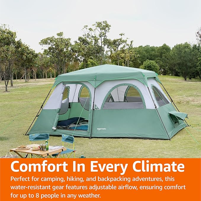 Amazon Basics Instant Camping Tent with Rainfly, Weather-Resistant, Quick Setup