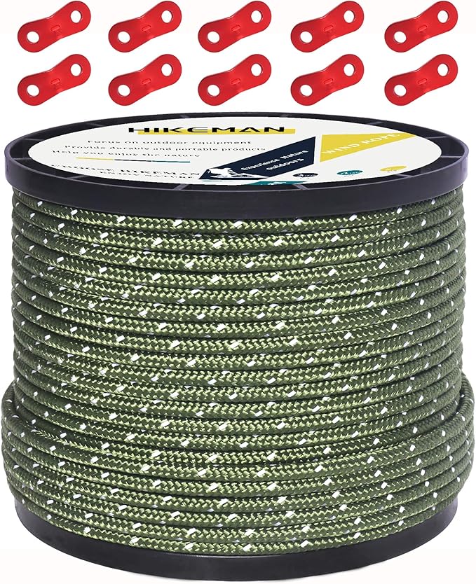 HIKEMAN 50m Reflective Guyline Solid Braid Nylon Camping Rope with Aluminum Adjuster Cord Tensioner Tent Accessory for Outdoor Travel,Hiking,Backpacking and Water Activities (Army Green, 4mm)