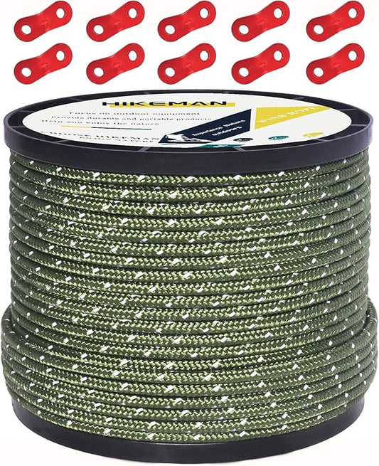 HIKEMAN 50m Reflective Guyline Solid Braid Nylon Camping Rope with Aluminum Adjuster Cord Tensioner Tent Accessory for Outdoor Travel,Hiking,Backpacking and Water Activities (Army Green, 4mm)