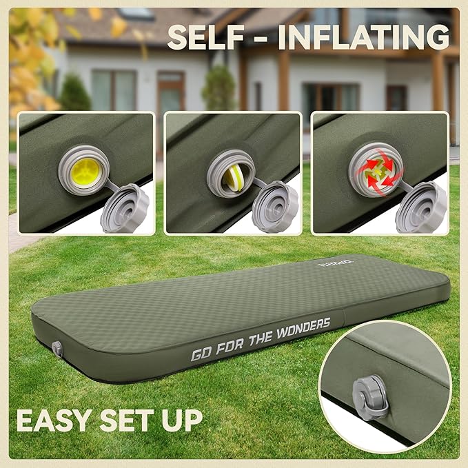 UPWELL Self Inflating Sleeping Pad 4.5" Thickness Camping Mattress with Solid Foam Single Sleeping Mat Portable Fast Inflation for Outdoor Mat Portable Roll Up Bed Green