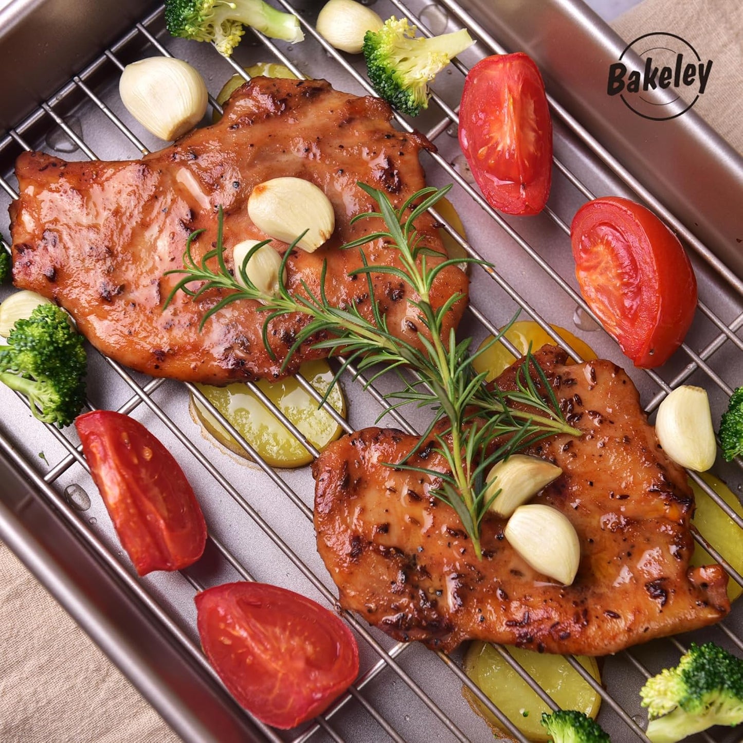 13-Inch Nonstick Roasting Baking Pan with Wire Rack(1Pan & 1Rack), Non-Stick Rectangular Deep Dish Oven-BBQ Bakeware for Oven Baking 13.78" x 9.84" x 2.36" (Champagne Gold)