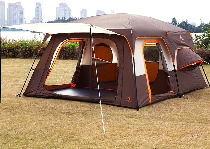 KTT Extra Large Tent 10-12-14 Person(Style-B),Family Cabin Tents,2 Rooms,3 Doors and 3 Windows with Mesh,Straight Wall,Waterproof,Double Layer,Big Tent for Outdoor,Picnic,Camping,Family Gathering