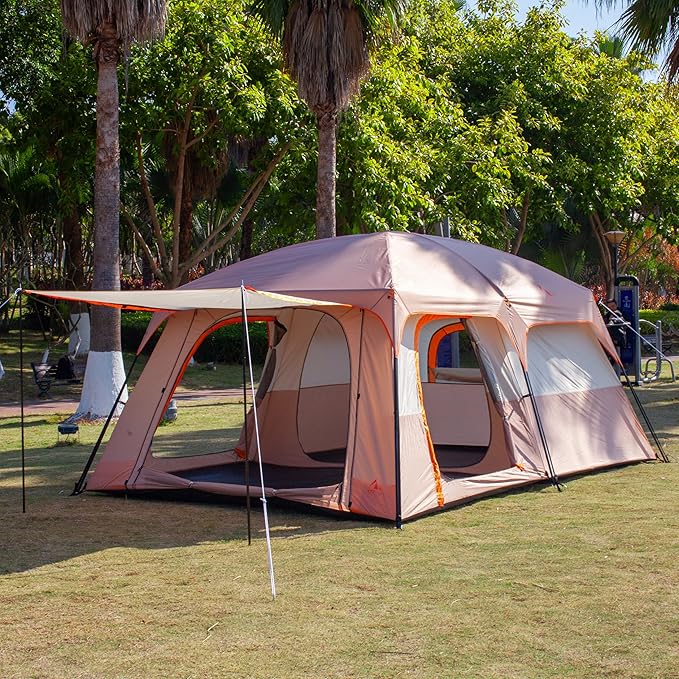KTT Extra Large Tent 10-12-14 Person(Style-B),Family Cabin Tents,2 Rooms,3 Doors and 3 Windows with Mesh,Straight Wall,Waterproof,Double Layer,Big Tent for Outdoor,Picnic,Camping,Family Gathering