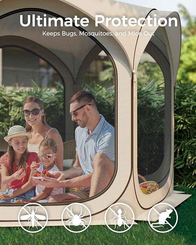 12x12 FT Pop-Up Screen Tent, Portable Screen Room Canopy with Zipper Doors for Patio, Backyard, Deck & Outdoor Activities, Beige