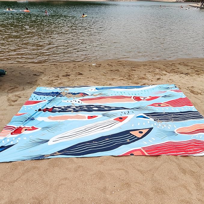 Large Beach Blanket Waterproof Sandproof 79"x 83" for 1-4 Adults,Quick Drying Beach Mat,Lightweight & Durable,Beach Essentials for Family Beach Camping Travel Picnic(Small Fish)