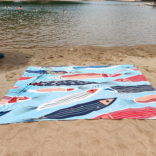 Large Beach Blanket Waterproof Sandproof 79"x 83" for 1-4 Adults,Quick Drying Beach Mat,Lightweight & Durable,Beach Essentials for Family Beach Camping Travel Picnic(Small Fish)