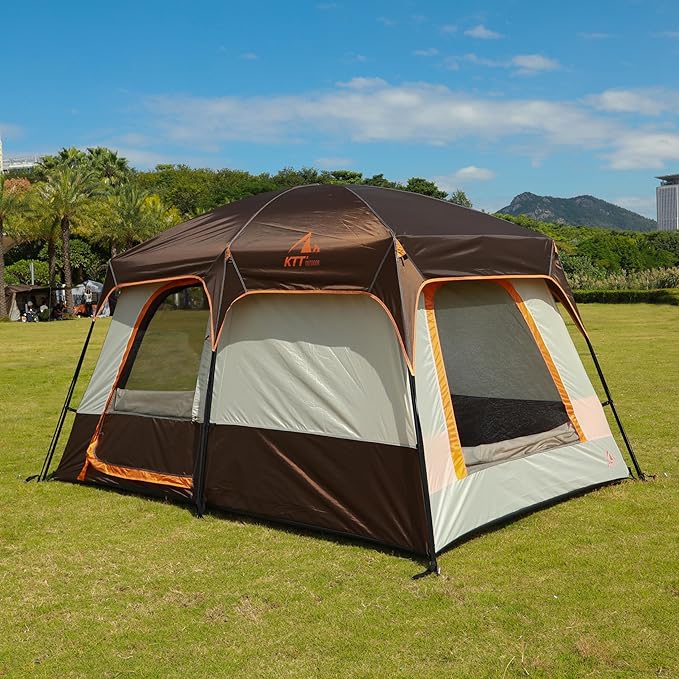 KTT Large Tent 6-8 Person,Family Cabin Tents,Straight Wall,3 Doors and 3 Windows with Mesh,Waterproof,Big Tent for Outdoor,Picnic,Camping,Family,Friends Gathering.……
