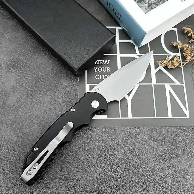 HUAAO 7.5” Assisted Opening Push Button Folding Pocket Knife, 2.8” D2 Blade Aluminum Alloy Handles with Pocket Clip and Lanyard Loop for EDC