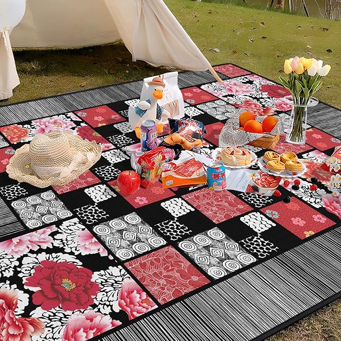 Floral Peony Flower Picnic Blanket Waterproof Foldable Extra Large Picnic Mat Beach Blanket 60"x80" for Camping Beach Hiking Patio Party Outdoor Decor Gifts