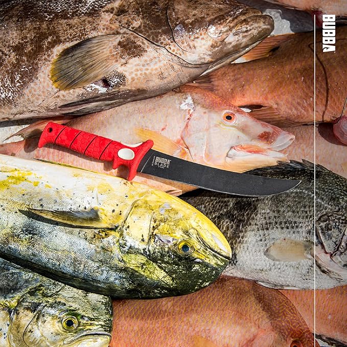 BUBBA 9 Inch Flex Fillet Knife with Non-Slip Grip Handle, Full Tang Stainless Steel Titanium Bonded Blade, Lanyard Hole and Synthetic Sheath for Fishing