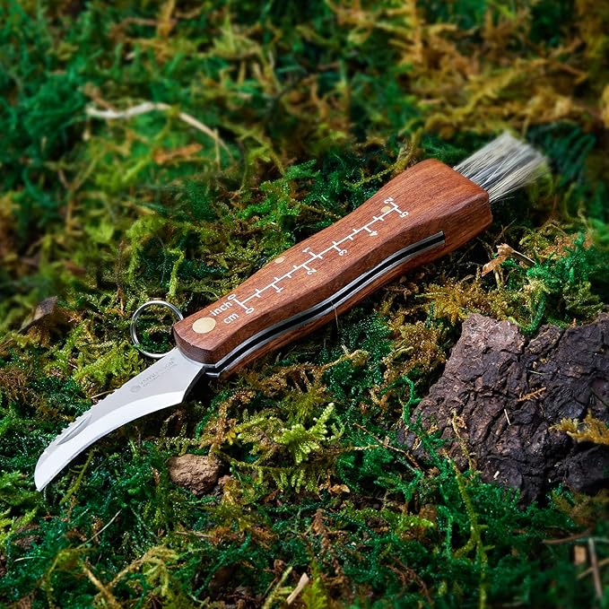 Mushroom Foraging Kit Folding Mushroom Knife with Brush + Pink Foraging Bag and Leather Strap Wood Handle Pocket Knife for Fungus Truffles Special Edition Set for Women