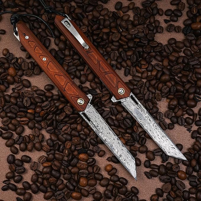 Handmade Forged VG10 Damascus Steel Blade, EDC Folding Knife Rosewood Handle, Pocket Clip.