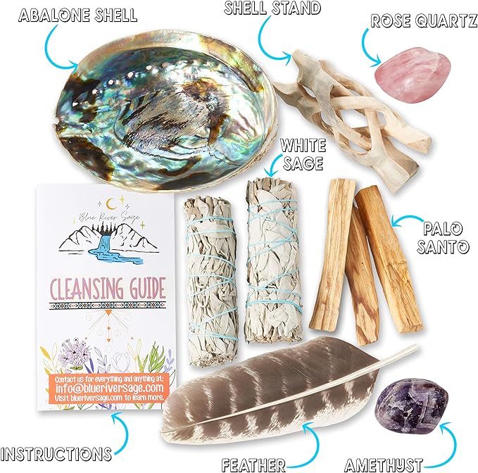 Home Cleansing & Smudging Kit with White Sage, Palo Santo, Abalone & Stand, Smudge Feather & Guide - Smudge Kit with Sage Smudge Sticks