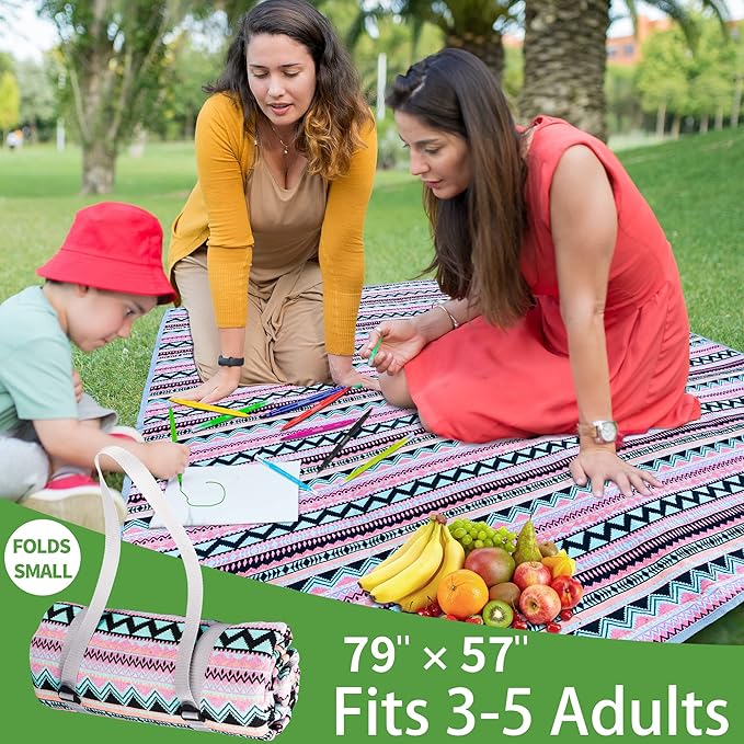 Picnic Blankets, Waterproof & Sandproof Picnic Blanket 3 Layers Thickened for Water-Resistant Handy Mat, 79" x 57" Cotton Camping Blankets for Beach, Camping, Park, Travel, Grass (Pink)