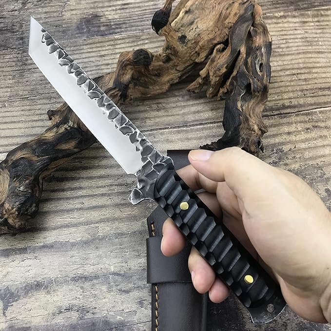 HUAAO 11.6’’ Fixed Blade Knife with Sheath, Japanese Knife with Ebony Handle, Katana Tanto Knife for Hunting Camping Survival (Tanto Point Blade)