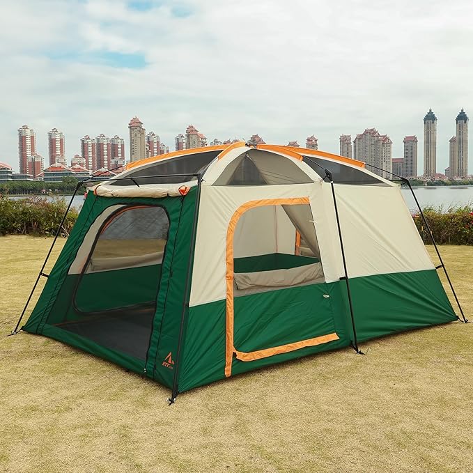 KTT Extra Large Tent 10-12-14 Person(Style-B),Family Cabin Tents,2 Rooms,3 Doors and 3 Windows with Mesh,Straight Wall,Waterproof,Double Layer,Big Tent for Outdoor,Picnic,Camping,Family Gathering