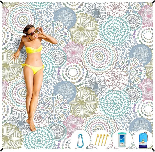 BYDOLL Beach Blanket Sandproof Waterproof 78''×81'' 1-4 Adults Compact Lightweight Oversized Beach Blanket Large Picnic Mat Beach Blanket for Travel Camping Hiking Picnic