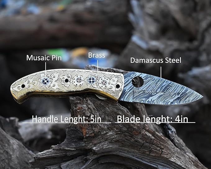 SHINY CRAFTS -Damascus Pocket Knife Knives For Men OTF Knife Survival Knife- Folding Knives - Everyday Carry - PlainEdge - Leather Sheath (FK 30)