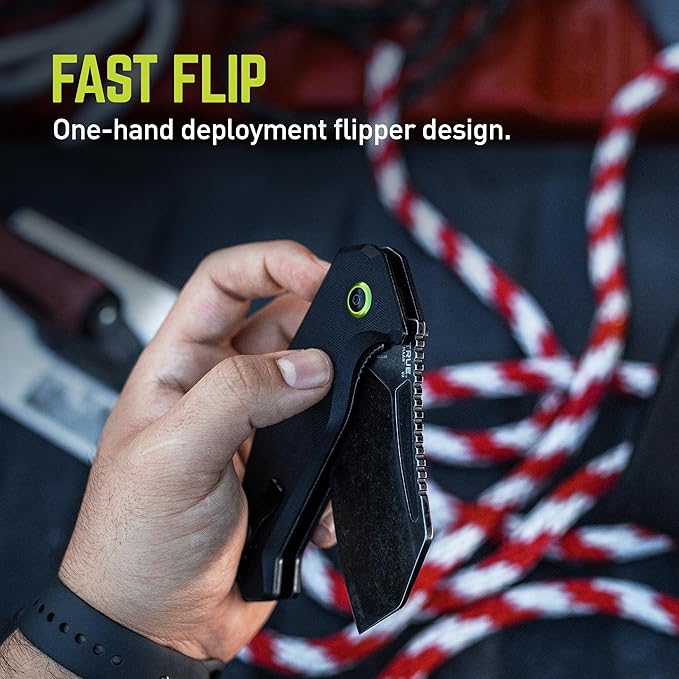 TRUE MAAR Cleaver Flipper Knife: D2 STEEL, BLACK OXIDE, STONEWASH FINISH w/2-WAY CARRY POCKET CLIP