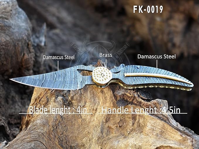 SHINY CRAFTS -Pocket Knife Damascus Hunting Knife OTF Knife Tactical Knife For Men- Pocket Knives - Everyday Carry - PlainEdge - Leather Sheath (FK 19)