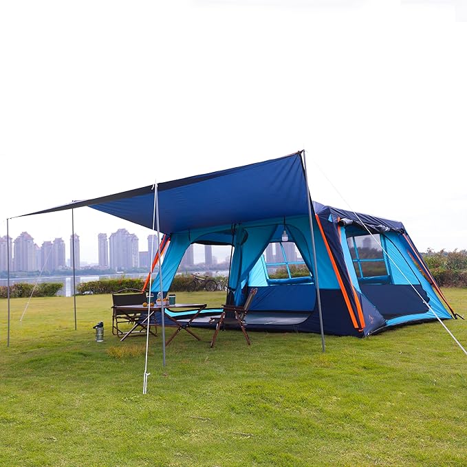 KTT Extra Large Tent 10-12-14 Person(B),Family Cabin Tents,2 Rooms,3 Doors and 3 Windows with Mesh,Straight Wall,Waterproof,Double Layer,Big Tent for Outdoor,Picnic,Camping,Family Gathering