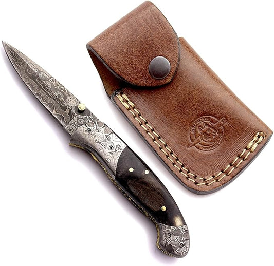 Handmade Damascus Folding Pocket Bowie Knife For EDC,Hunting,Survival,CampingBushcrfat,Skinning and Fishing with Full Tang Micarta and Cowhide-Leather Sheath For-Men and Women-(DCF97 - Fireball)